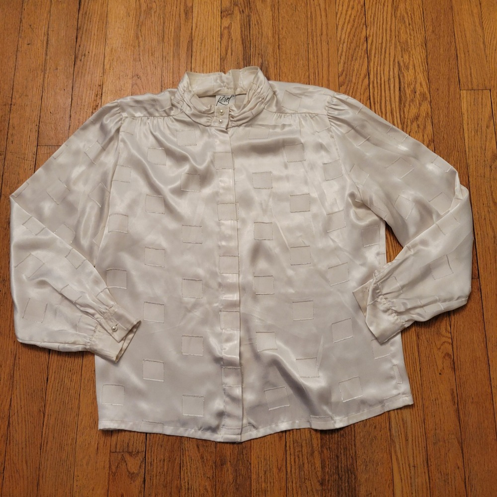 Koret 14 Blouse Cream Pearl Button Satin Geometric Vintage Academia‎ Geek Nerd